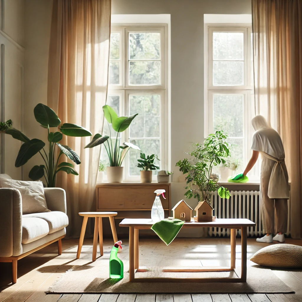 DALL·E 2025 02 23 18.40.52 A simple and natural scene of a cozy living room being cleaned. Soft natural light flows through large windows with light airy curtains. A person is 