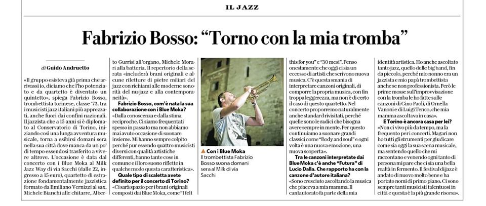 La repubblica - Il jazz / Guido Andruetto - Fabrizio Bosso, torno con la mia tromba - Blue Moka.