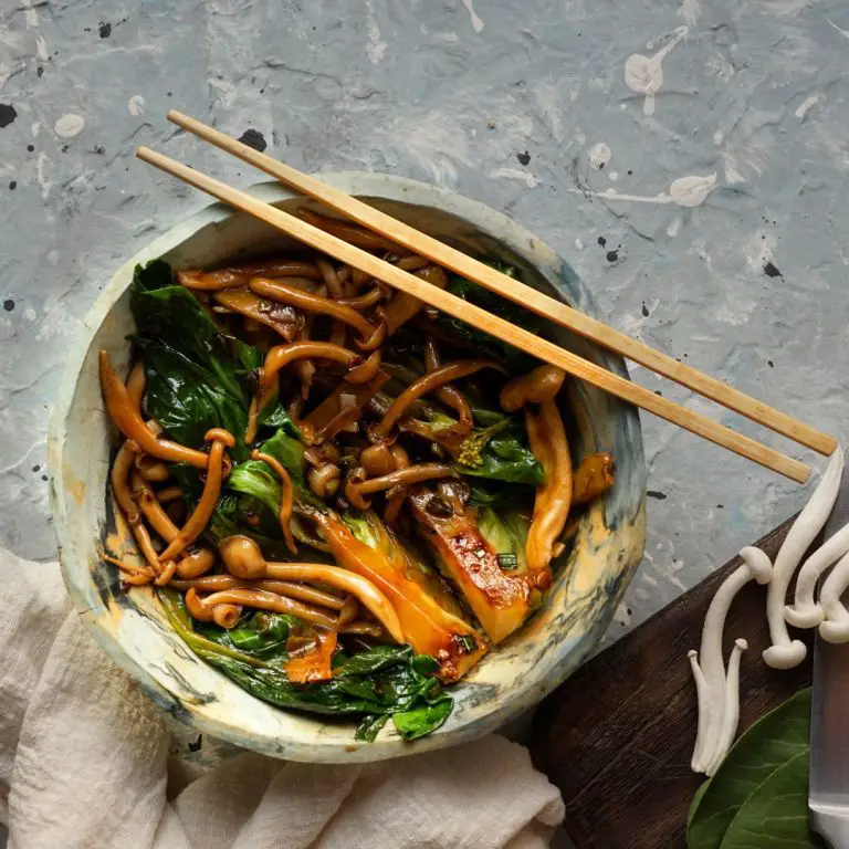 Pak choi i tillagad maträtt med svampar, chili och en god sås
