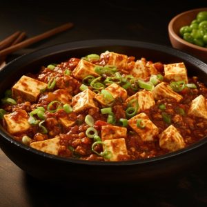 En bred stengryta med mapo tofu, kryddig och silkeslen tofu i en röd sås med umamismak