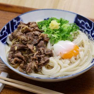 En skål med Sanuki udon serverad med saftiga skivor av kött, salladslök, ett ägg och en smakrik buljong En skål med Sanuki udon serverad med saftiga skivor av kött, salladslök, ett ägg och en smakrik buljong