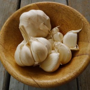 En skål med vitlöksklyftor, små och vita med en stark arom, redo att krossas och tillsättas i matlagning.