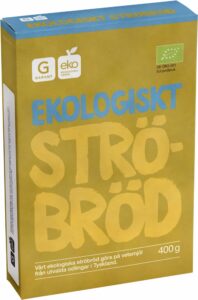 Ett paket av ekologisk ströbröd, små brödsmulor perfekt som panering till fritering eller stekning.