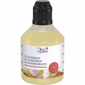 En flaska av glykossirap, glasklar, en blandning av olika sockerarter ur vetestärkelse, 