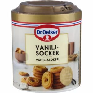 En bild på en burk med vaniljsocker, perfekt för att ge bakverk och desserter en söt och aromatisk vaniljsmak.