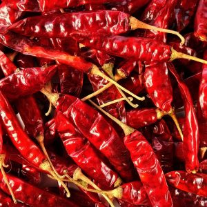 En bild på en hög av torkade röda chilipeppar, med intensiv färg och skrynkligt yttre.