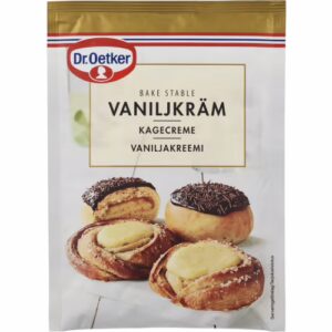 En bild på ett paket av vaniljkrämspulver, blandas som fyllining till bakning med doftande vaniljsmak.