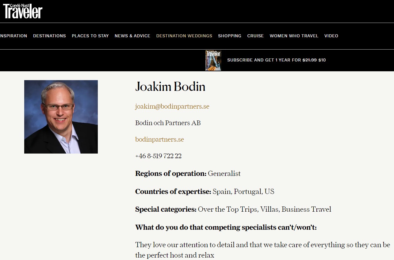 Joakim Bodin är en av världens “Top Travel Specialist” enligt Condé Nast