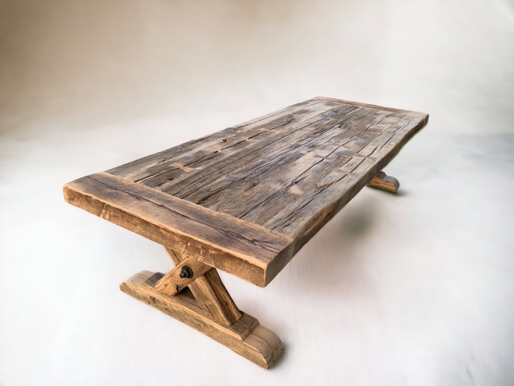 table fermette en vieille poutres sur pieds massif de vieux chêne en X