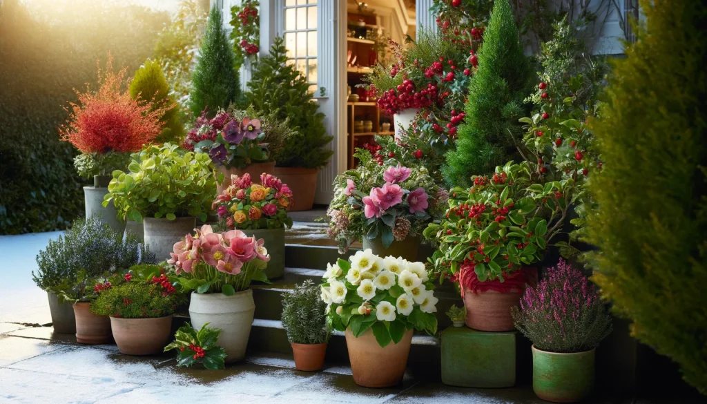 Billedet viser en livlig vinterhave med forskellige vinterhårdføre planter i krukker. Der er farverige helleborus (juleroser) med hvide, pink og lilla blomster, frodig skimmia med røde bær, stedsegrøn kristtorn med røde bær og enebær med grønne nåle. Planterne er arrangeret i dekorative krukker på en terrasse, der er dækket af et let lag sne, med en hyggelig husindgang i baggrunden. Atmosfæren er indbydende og festlig, perfekt til vinteren.