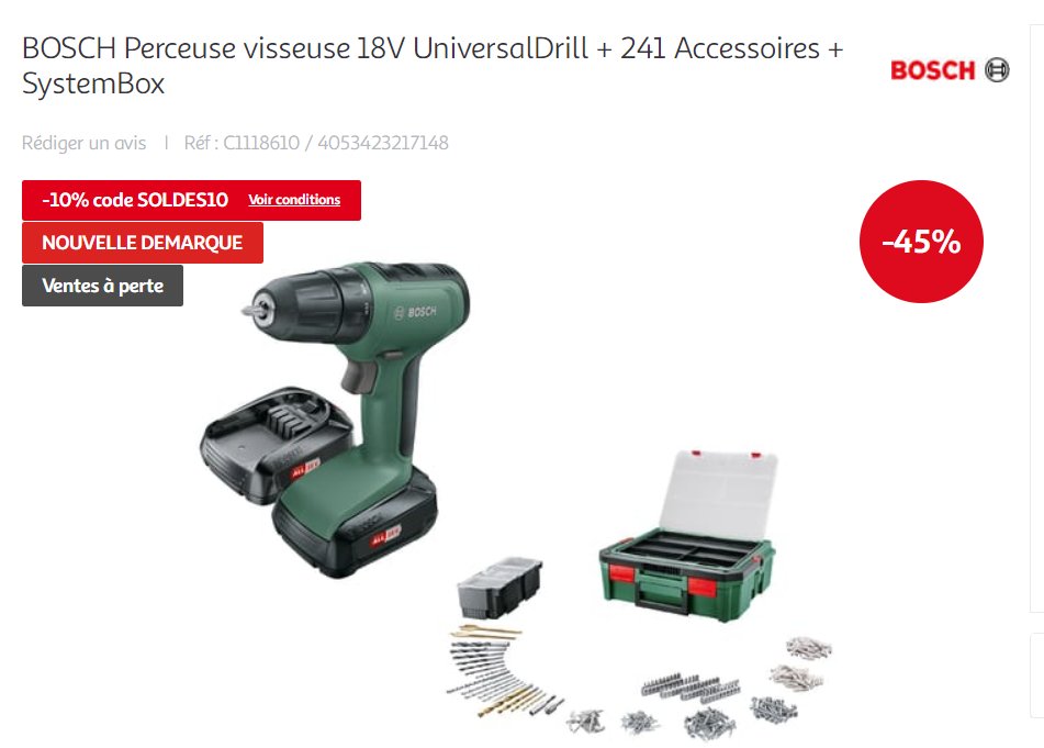 99€ le coffret perceuse Bosch UniversalDrill 18V + 240 accessoires