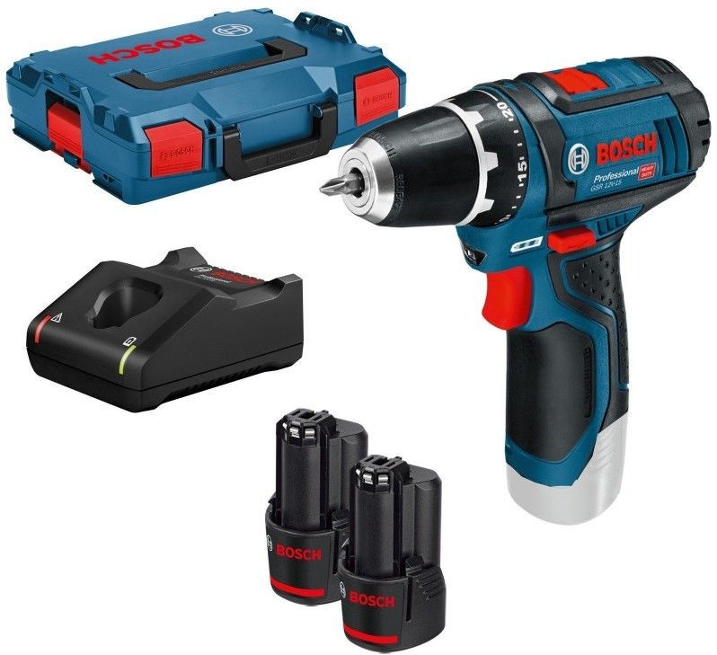 Bosch Blauw GSR 12V-15 LI Accuschroefboormachine in L-BOXX met 2 accu&apos;s 12V 2.0Ah 0601868109