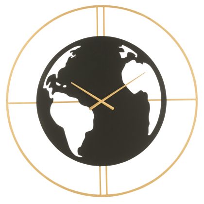 Clock World Map Holes Metal Black/Gold Large