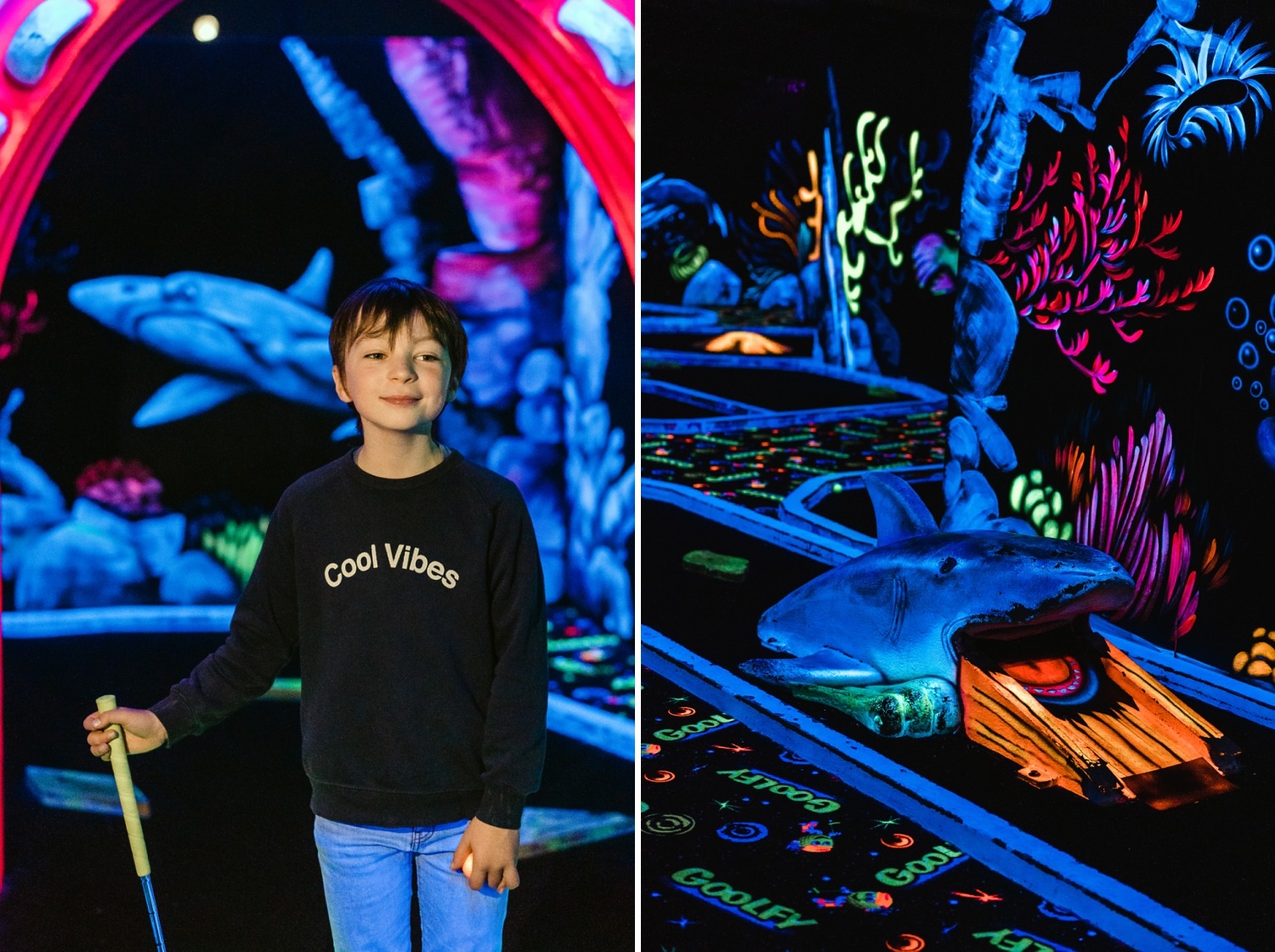 Goolfy mini golf indoor activité famille enfant insolite fluorescent funly liège