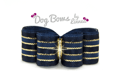 Navy Blue Satin Sheer Gold Stripe