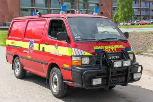 Aarhus Brandvæsens eneste slangetender, Lystrups Toyota Hiace, årgang 1993. Foto: Henning Svensson