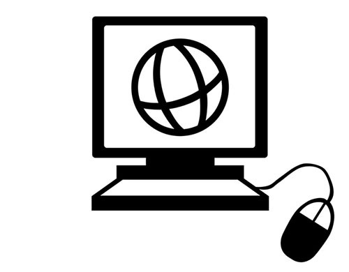 Sort/hvid grafisk gengivelse af af en computer der viser en globe på skærmen.