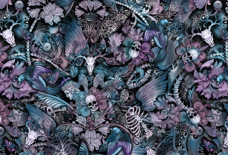 Last Dance – Multi Skull Floral Butterfly Tattoo Print (bomull)