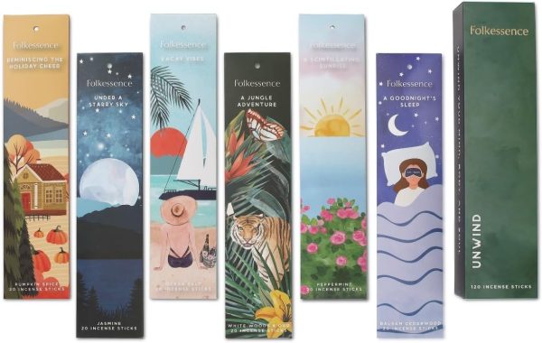 Folkulture Incense Sticks - Set of 6 Incenses (120 Sticks) for Relaxation - Balsam Cedarwood, Jasmine, White Woods & Oud, Ocean Salt, Pumpkin Spice, Peppermint.