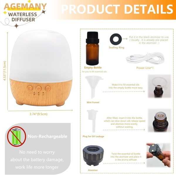 Essential Oil Diffuser, Waterless Diffuser 3 Speeds Smart Mist Aromatherapy Diffuser with Light, AGEMANY Oil Diffuser Refillable Pure Fragrance Oil Small Aroma Scent Diffuser for Home Bedroom Office - Image 7