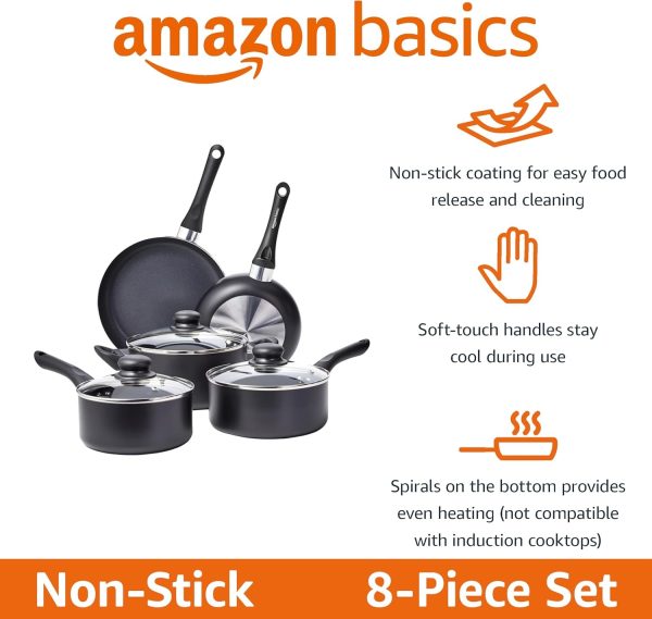 Amazon Basics Non Stick 8-Piece Kitchen Cookware Set, Includes Pots and Pans, Black - Image 3