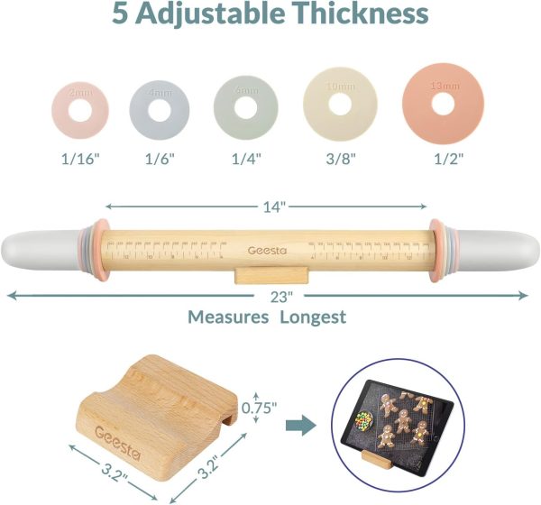 Geesta Adjustable Wood Rolling Pin with 5 Thickness Rings, Precise Dough Roller Handle Press Design with Measurement Guide for Fondant, Pizza, Pie Crust, Cookie, Pastry Baking Decorating Accessories - Image 7