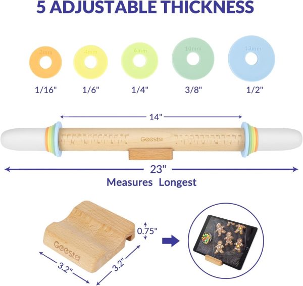 Geesta Adjustable Wood Rolling Pin with 5 Thickness Rings, Precise Dough Roller Handle Press Design with Measurement Guide for Fondant, Pizza, Pie Crust, Cookie, Pastry Baking Decorating Accessories - Image 15