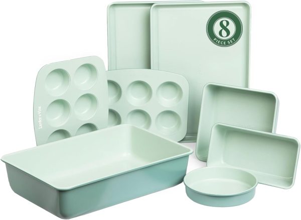 Larder & Vine 8-Piece Bakeware Set | Non-Stick Baking Set with Ceramic Finish | PFAS, PFOA, PTFE, and BPA Free Baking Essentials | Baking Sheets, Muffin Tins and Assorted Baking Pans | Sage