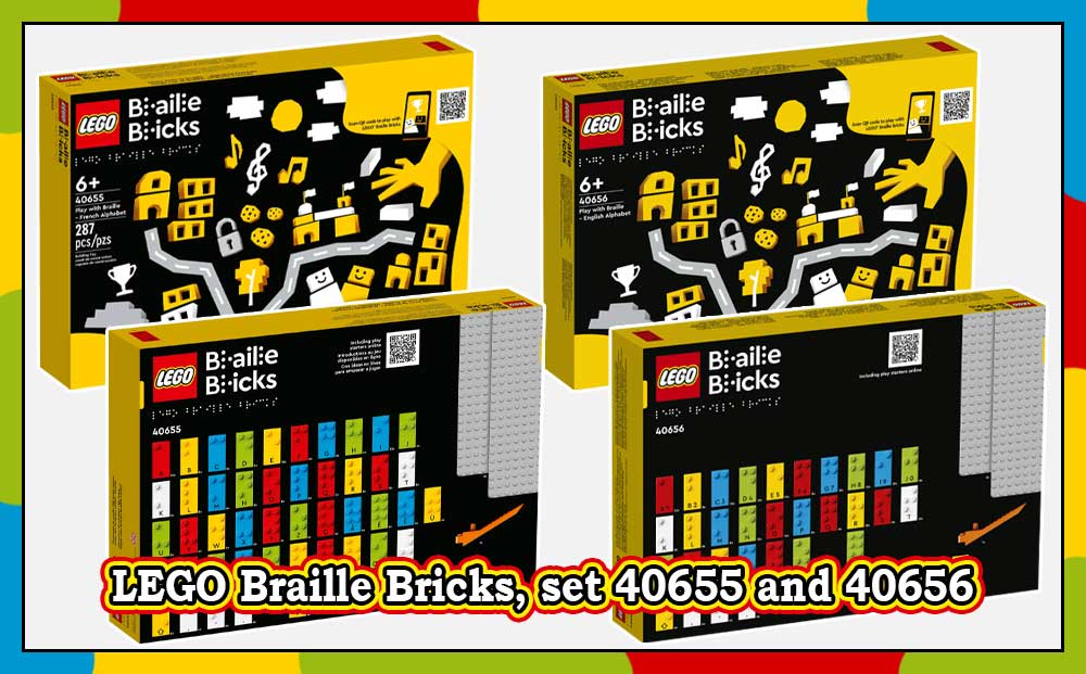 LEGO klosser med blindeskrift, sett 40655 Play with Braille – French  og 40656 Play with Braille – English