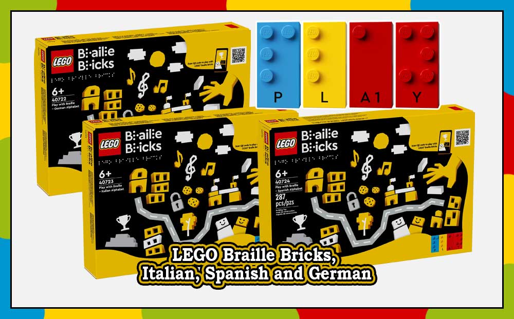 LEGO klosser med punktskrift, tysk, italiensk og spansk