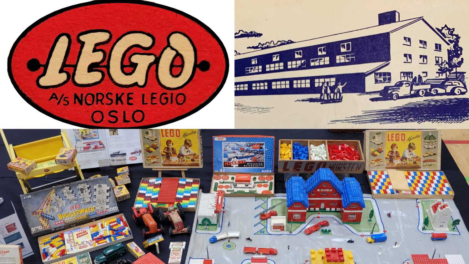 Den norske LEGO-logoen øverst til venstre, den norske fabrikken øverst til høyre og et utvalg av norskproduktet LEGO nederst.