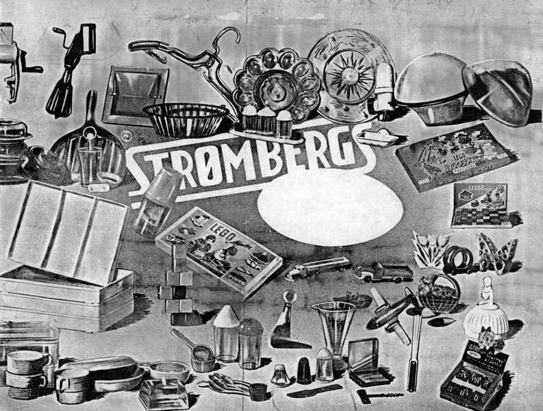 Strømbergs var et stort selskap i plastindustrien i Norge som lager ikke bare leker, men også mange hushånds artikler. Her kan du se en annonse med noen av produktene de lagede på den tiden, ca. 1954.