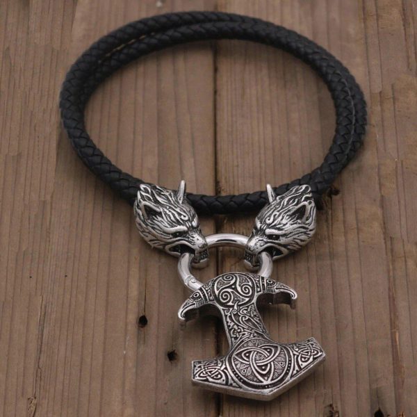 Varghuvud Thor hammare Mjolnir Triskele Viking läderhalsband