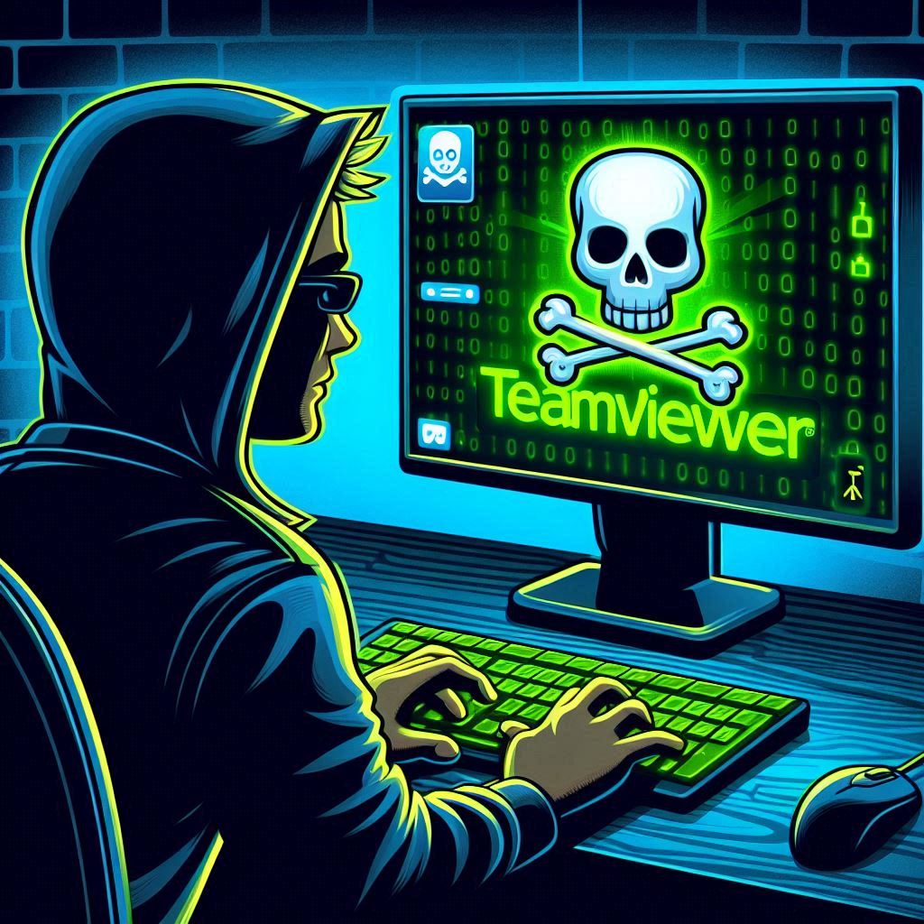 Hacker sitzt vor dem PC und hackt die Teamviewer Website