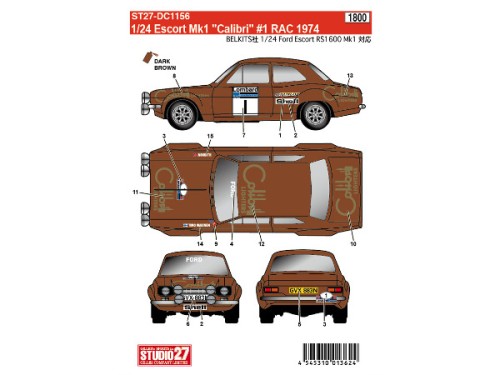 STU27DC1156 Ford Escort MK1 Calibri #1 RAC 1974 Waterslide decal Decal