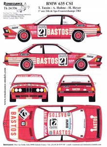 TK24-336 BMW 635 CSI  "Bastos"  winner 24H Spa-Francorchamps 1983 decal Waterslide decal Decal