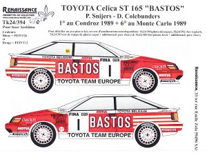 TK24-394 Toyota Celica ST165 Bastos  P. Snijers  winner Condroz 1989 decal Waterslide decal Decal