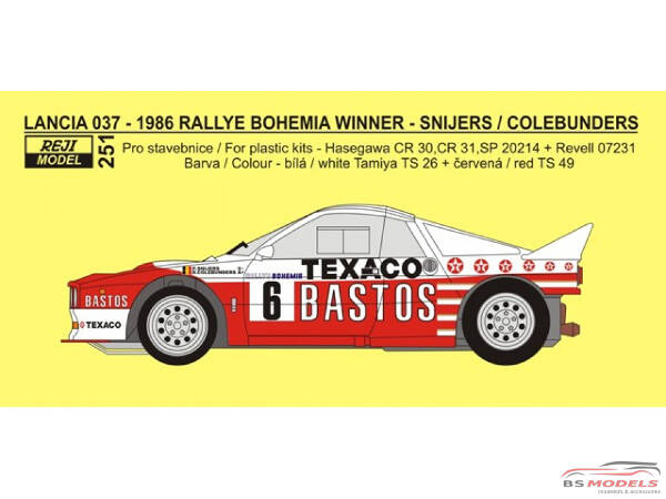 REJI251 Lancia 037 "Bastos" Rally Bohemia 1986 winner" - Snijers/Colebunders Waterslide decal Decal