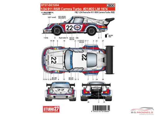 STU27DC1204 Porsche 911 RSR Turbo Martini LM 1974 #21#22 Waterslide decal Decal