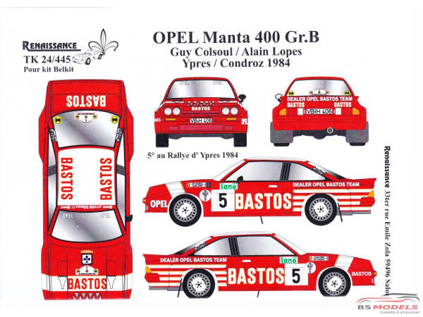 TK24445 Opel Manta 400 Bastos Ypres + Condroz 1984  Colsoul/Lopes decal Waterslide decal Decal