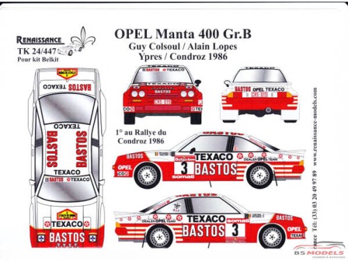 TK24447 Opel Manta 400 Bastos  Ypres+ Condroz 1986 Colsoul/Lopes decal Waterslide decal Decal