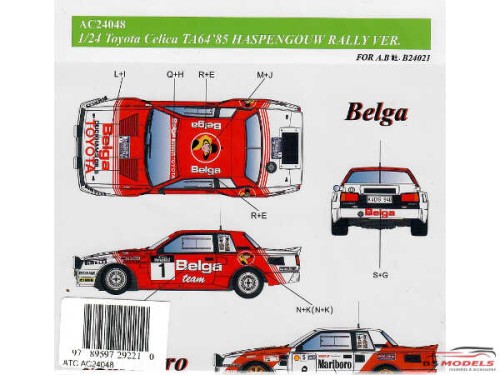 AC24048 Toyota Celica TA64  Haspengouw Rally 1985 "B l a and M r b" logo's Waterslide decal Decal