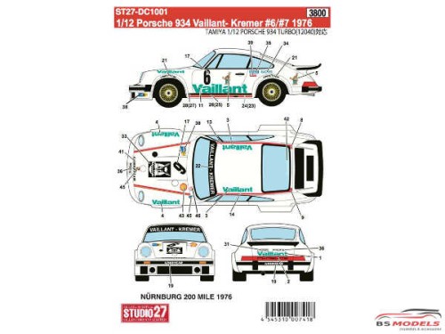 STU27DC1001 Porsche 934 Vaillant-Kremer  #6 #7   1976 Waterslide decal Accessoires