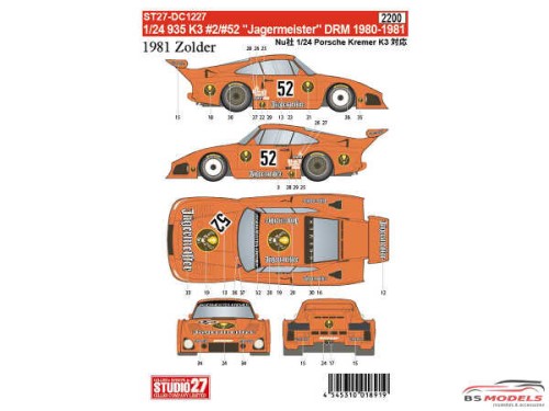 STU27DC1227 Porsche 935 K3  Jagermeister  #2 #52  DRM 1980/81 Waterslide decal Decal