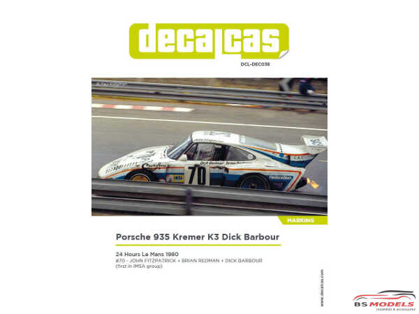 DCLDEC038 Porsche 935 Kremer K3 "Dick Barbour racing"  Le Mans 1980 Waterslide decal Decal