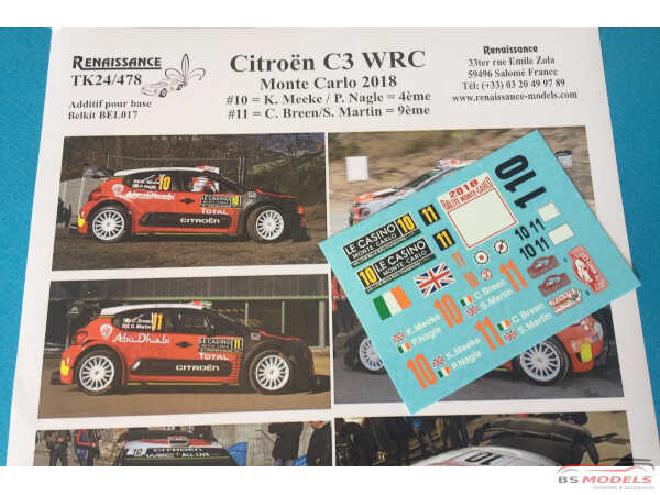 TK24478 Citroën C3 WRC  Meeke+Breen Monte Carlo 2018 Waterslide decal Decal