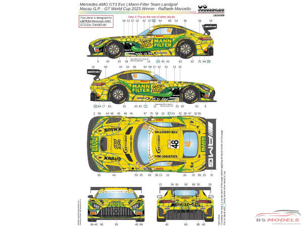 LB24099 Mercedes AMG GT3 Evo - Mann-Filter Team Landgraf Macau GP - GT World Cup 2023 winner R. Marciello Waterslide decal Decal