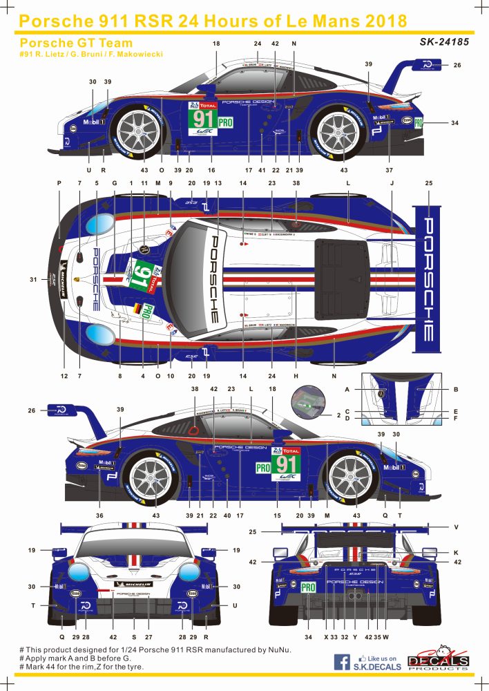 SK24185 Porsche 911 RSR 24 Hours of Le mans 2018 Porsche GT Team #91 Waterslide decal Decal