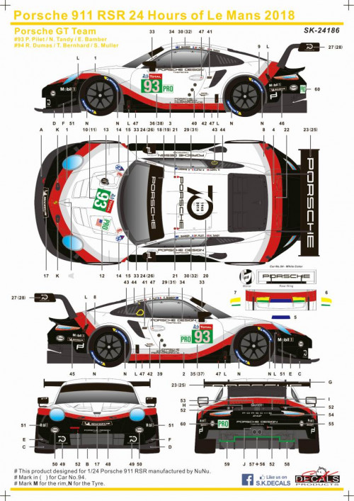 SK24186 Porsche 911 RSR 24 Hours of Le mans 2018 Porsche GT Team #93 & #94 Waterslide decal Decal