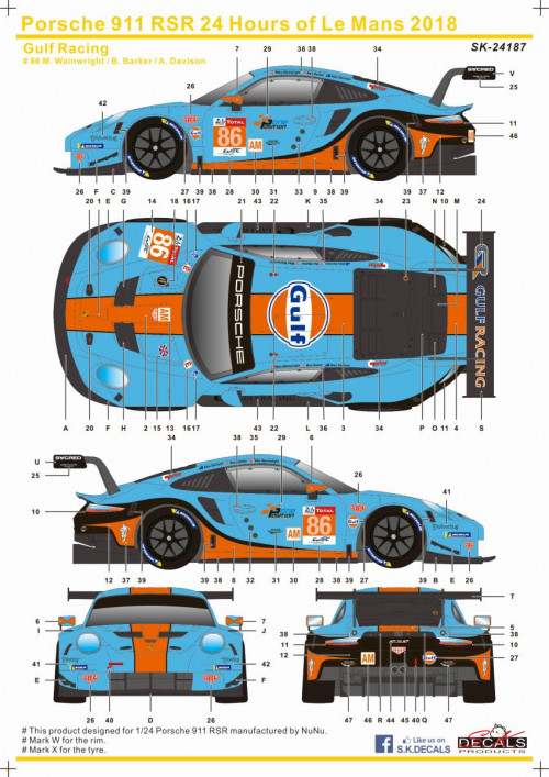 SK24187 Porsche 911 RSR FIA World Endurance Championship 24 Hours of Le mans 2018 Gulf Racing Waterslide decal Decal